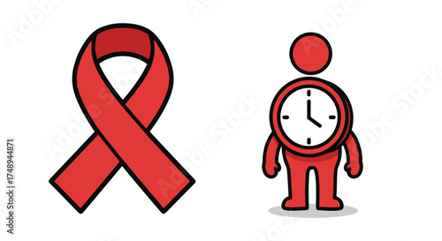 Red awareness ribbon with human clock character vector