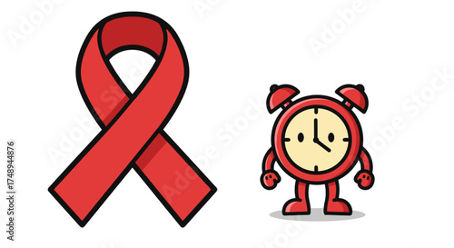 Red ribbon and happy clock mascot cartoon illustration