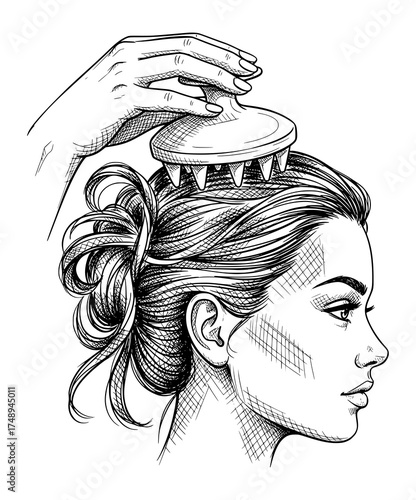 Elegant Woman Receiving Scalp Massage with Brush in Engraving Style. Wellness Self-Care Vector Illustration.
