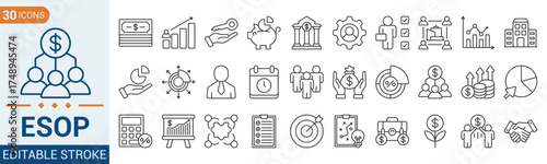 Employee Stock Ownership Plan Icons set collection. Vector illustration . Company, shares, benefits, pension savings, and more. Eps 10