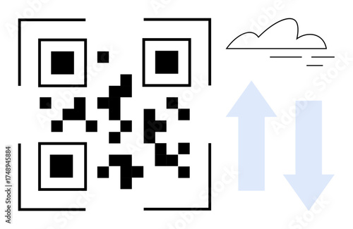 QR code beside cloud and bidirectional arrows. Ideal for technology, cloud storage, connectivity, data transfer, innovation, digital tools, and mobile applications. Simple flat metaphor