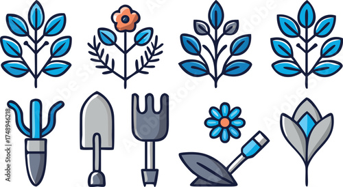 Gardening and Botany Icons Set: Hand Tools, Shovel, Rake, Trowel, Leaves, and Flowers