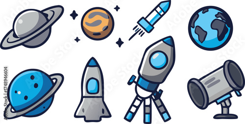 Space Exploration and Astronomy Vector Icon Set: Planets, Rockets, and Telescopes