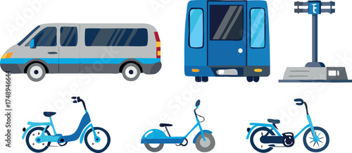Urban and Public Transportation Vector Set: Van, Train, Bikes, and Bike Rack