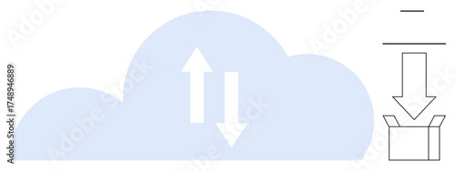 Blue cloud with up and down arrows symbolizing data transfer, accompanied by a box and downward arrow for unpacking. Ideal for cloud storage, technology, data sharing, online backup, digital