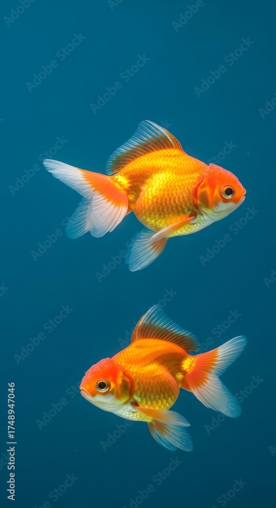 Fototapeta premium Two Goldfish Swimming in Blue Water - A Serene Underwater Scene.
