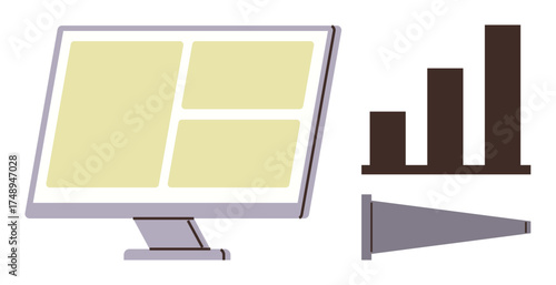 Monitor displaying four panels, bar chart, and megaphone. Ideal for marketing, presentation, data analysis, growth strategy, communication advertising promotion. A simple flat metaphor