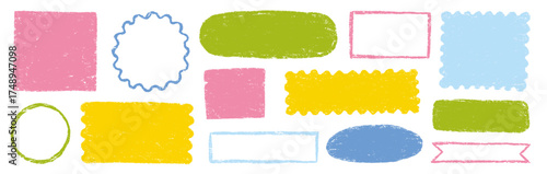 Doodle brush crayon shape color frame set. Hand drawn crayon pencil box, pastel rough chalk texture square border. Cute cartoon paint frame circle, square background design. Vector illustration