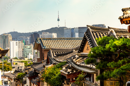 Seoul panoramic view from old narrow street and traditional Korean houses of Bukchon Hanok Village in Seoul, South Korea