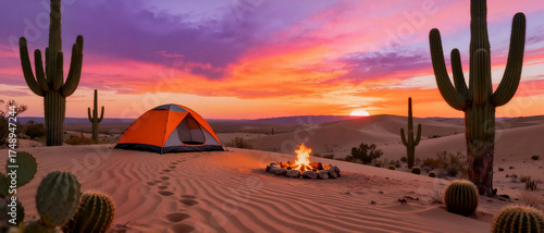 Fototapeta Naklejka Na Ścianę i Meble -  Vivid Desert Sunset Camping with Tent and Saguaro Cactus