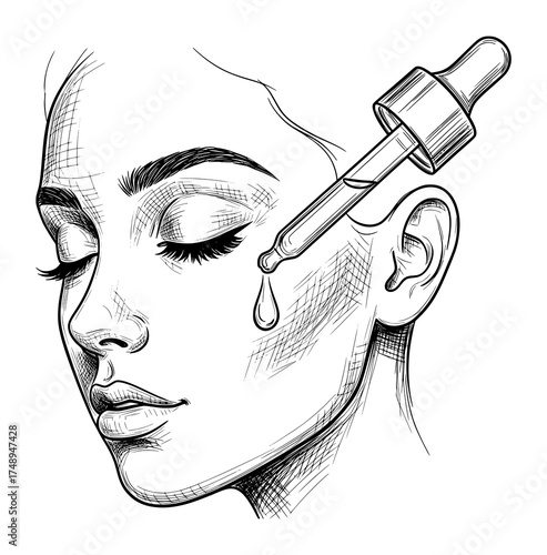 Hand-Drawn Portrait of Woman Receiving Serum in Line Art. Beauty and Wellness Vector Illustration for Self-Care.