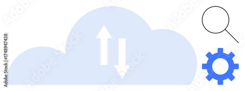 Cloud with arrows symbolizing data exchange, magnifying glass for search, and cogwheel for optimization. Ideal for technology, data sharing, cloud services, efficiency, innovation, digital