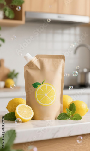 Natural product packaging mockup of a kraft paper spouted pouch with a lemon logo, bubbles, and fresh citrus ingredients on a kitchen counter