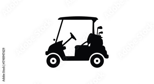 Silhouette of a golf cart with clubs in the back driving on a course silhouette