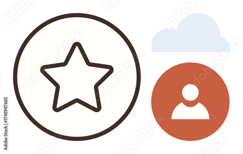 Star badge highlighting excellence, user avatar with orange circle, and cloud shape above. Ideal for achievements, profiles, online systems, technology, teamwork networking digital platforms. A