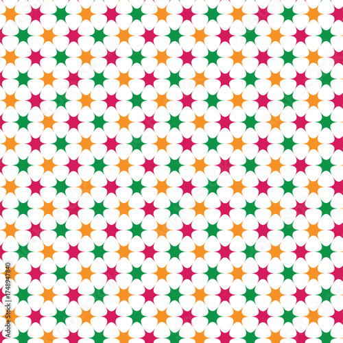 Vibrant star pattern background with repeating geometric shapes in pink green and orange
