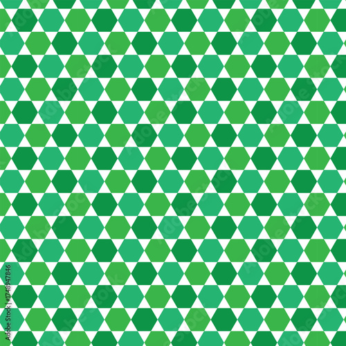 Abstract geometric pattern of interlocking green hexagons and white squares creating a vibrant mosaic texture