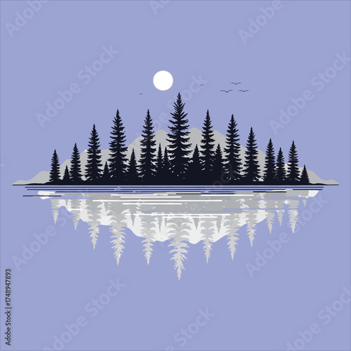 Silhouette of pine trees reflected in water under a full moon.
