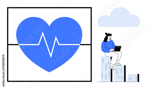 Woman sitting on a chart bar, working with a laptop near a heart with a heartbeat line. Ideal for health, technology, analytics, monitoring, wellness, digital innovation concepts, simple flat
