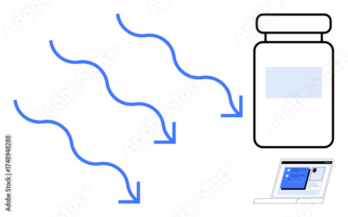 Medicine bottle, flowing data arrows, and a laptop screen with analytics represent pharmaceutical innovation. Ideal for healthcare, technology, research, data flow, medicine analytics innovation. A