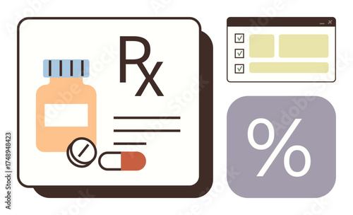 Bottle with prescription label, capsules, tablet, checklist, and percentage icon. Ideal for pharmacy, medicine, healthcare discounts treatment medication management and patient care. Simple flat