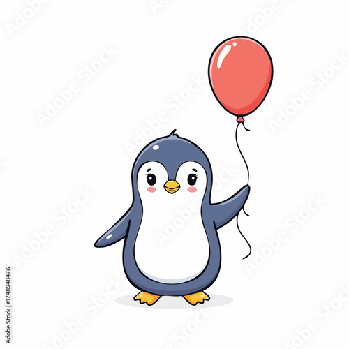 Cute penguin holding a red balloon ready for celebration.