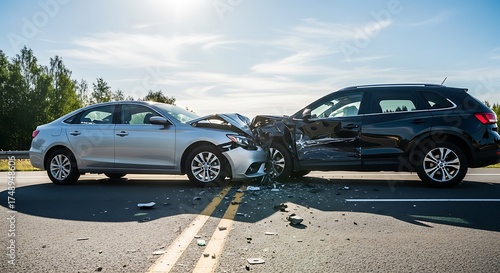 Car Crash on Road - Damaged Vehicles After Accident.