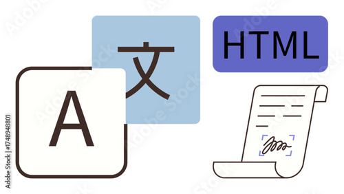 Elements include a letter, language character, HTML tag, and signed document. Ideal for language, coding, translation, programming, web design documentation or communication simple flat metaphor