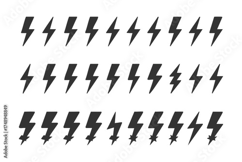 Set of Black Lightning Bolt Icons and Symbols or Thunderbolt and Energy Icon Collection. vector, illustration .