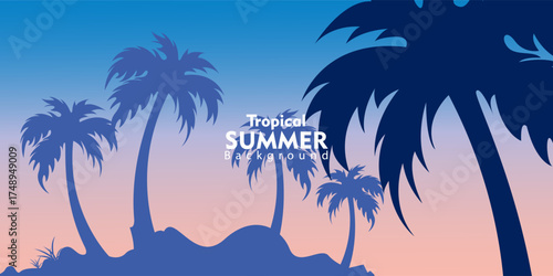 Hawaiian summer posters. Set of tropical cards with palm tree silhouettes. Templates for card, beach party flyer and invitation. Sea ​​sunset, evening sky. Vector illustration, meshes.