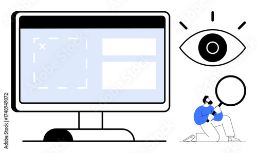 Computer monitor displaying UI elements, magnifying glass, eye icon, person analyzing. Ideal for UX design, research, digital tools, data visualization, user behavior technology simple flat
