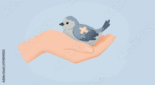 A Gentle Hand Cradling a Small Injured Bird, Symbolizing Compassion, Healing, and Protection for Vulnerable Wildlife and Animal Welfare