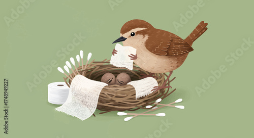 Resourceful bird builds nest with toilet paper and cotton swabs, a charming illustration of inventive parenting for two eggs