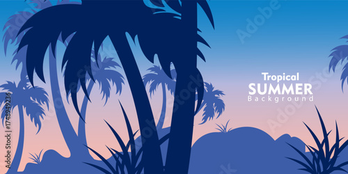 Hawaiian summer posters. Set of tropical cards with palm tree silhouettes. Templates for card, beach party flyer and invitation. Sea ​​sunset, evening sky. Vector illustration, meshes.