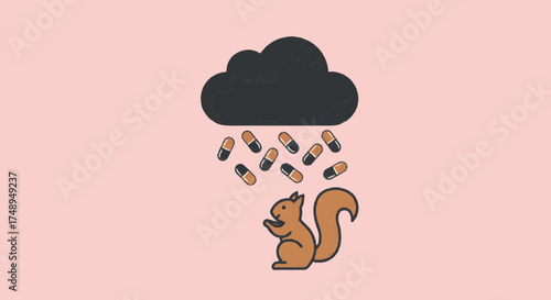 A whimsical illustration of a brown squirrel under a dark cloud raining colorful medication capsules, symbolizing themes of health, pharmaceutical dependency, or mental well-being challenges