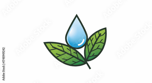 Vibrant blue water droplet delicately balances on fresh green leaves, symbolizing nature's purity, environmental care, and essential hydration for sustainable growth and eco-friendly solutions