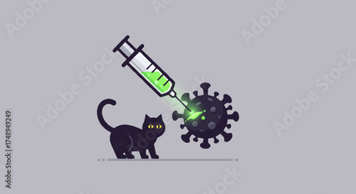 Immunity's Ally A Playful Illustration Featuring a Black Cat Observing a Syringe Targeting a Virus, Symbolizing Vaccine Efficacy and Health Defense Strategies