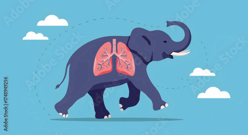 Whimsical illustration of a strong elephant with its lungs highlighted, symbolizing robust respiratory health, biological understanding, and the vastness of animal physiology