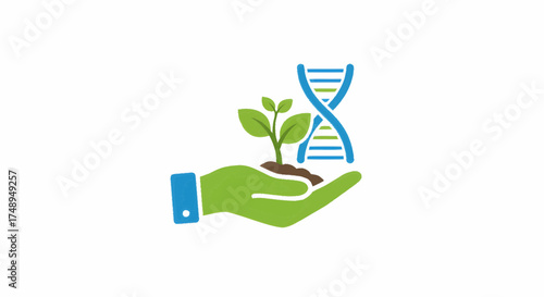 Green hand holding a growing plant next to a DNA helix, symbolizing genetic engineering and biotechnology.
