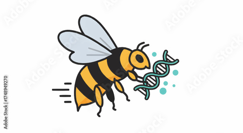 Dynamic bumblebee flying rapidly with a swirling double helix DNA strand, representing genetic research, scientific progress, and the biological essence of life's intricate building blocks