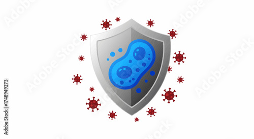 Digital illustration of a robust immune system shield, actively defending against harmful viruses and infectious bacteria, representing health security and disease prevention