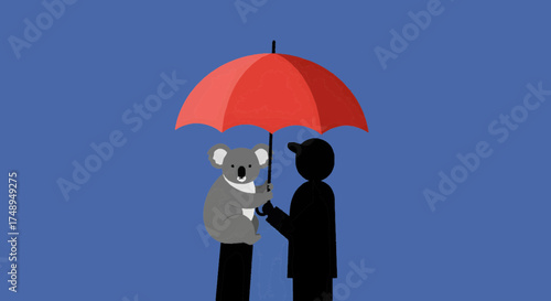 A symbolic illustration depicting a human silhouette offering shelter and protection to a koala with a vibrant red umbrella, emphasizing conservation and care