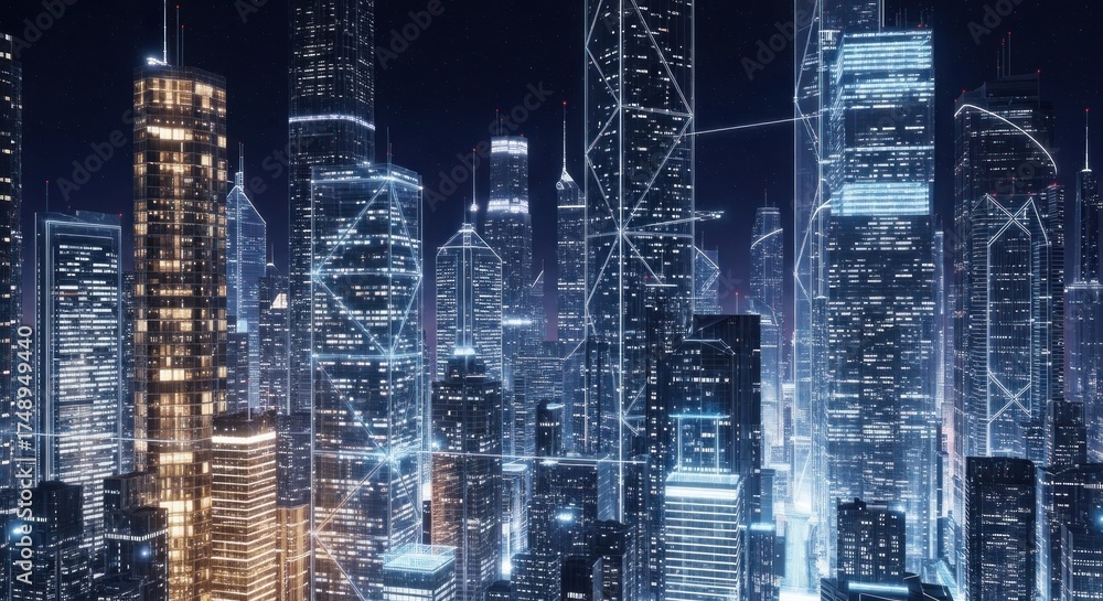 Naklejka premium A futuristic cityscape with illuminated skyscrapers and a digital grid connecting them.