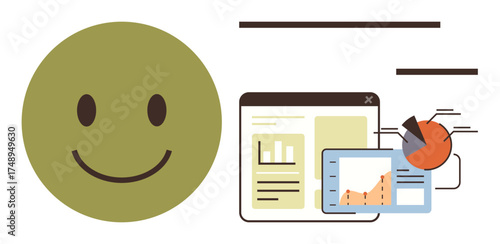 Large green happy face next to web analytics interface with bar graph, pie chart, and line graph. Ideal for concepts on business growth, positivity, analytics, data tracking, reporting, success