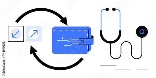 Circuit-designed wallet, bidirectional transaction arrows, stethoscope for monitoring finances. Ideal for fintech, budgeting, investments, healthcare, digital payments, analytics economic metaphor