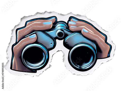 Hands Holding Binoculars Torn Paper on Transparent Background Artistic Design