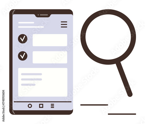 Smartphone screen with checklist beside a magnifying glass highlights task management and search. Ideal for productivity, research, organization, mobile apps, analysis, planning, tracking. Simple
