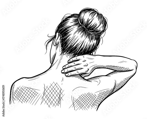 Hand-Drawn Sketch of Woman Holding Neck from Behind. Wellness and Stress Relief Vector Illustration.