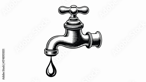 A black and white illustration of an ornate vintage faucet with a single water droplet falling from its spout 
