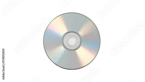 A single compact disc with a reflective sheen, positioned centrally in the frame of the image plane on transparent background